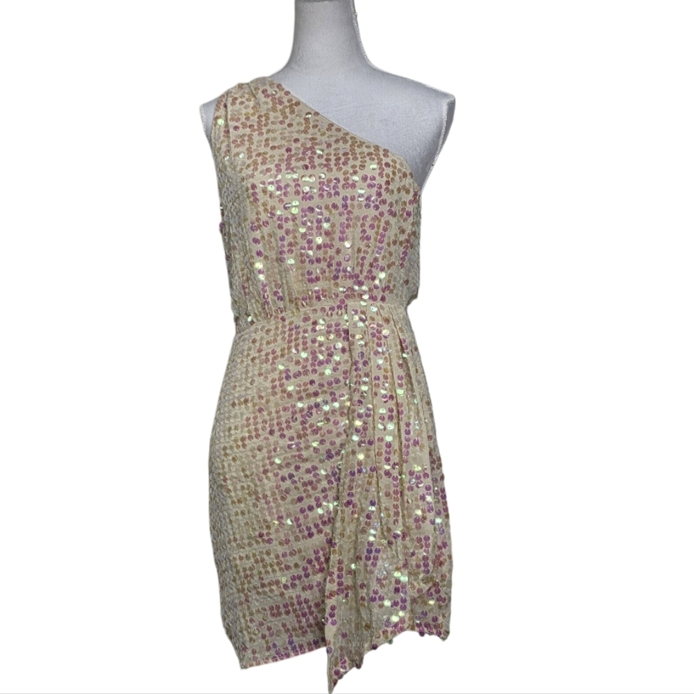 SAYLOR One-Shoulder Irisdecent Sequins Mini Dress, Size Medium